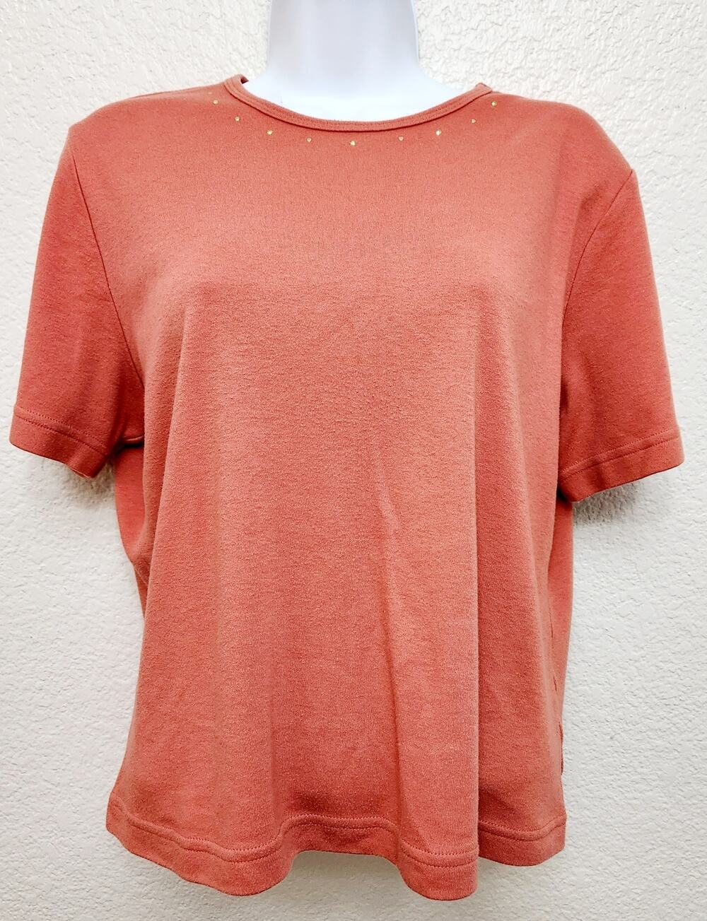 Christina Hope Petite Orange Round Neck Gold Studs Top Large Lightweight Stretch